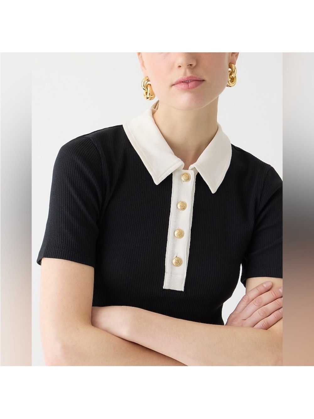 J. Crew Black Short-Sleeve Polo Top with Cream Collar and Gold Buttons